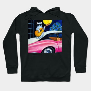 Cat playing guitar on car oil painting Hoodie